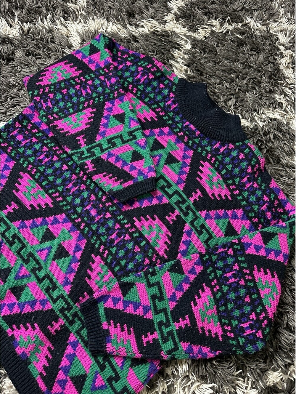 Vintage 90s Jamie Scott Geometric Pattern Knit Sweater Pink Green Acrylic L 80s